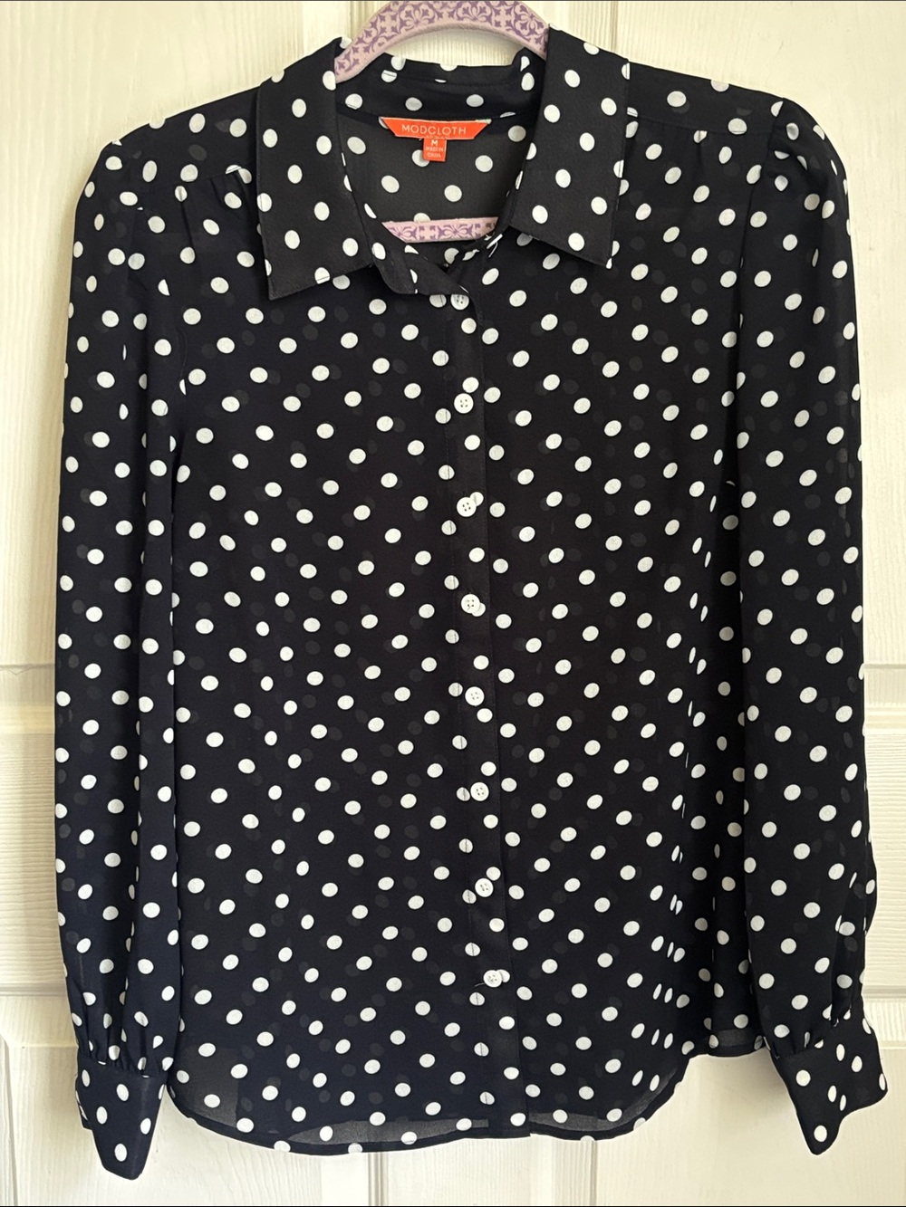 ModCloth Navy Blue & white Polka Dot Sheer Button-Up Collar Blouse Size Medium - Picture 12 of 13